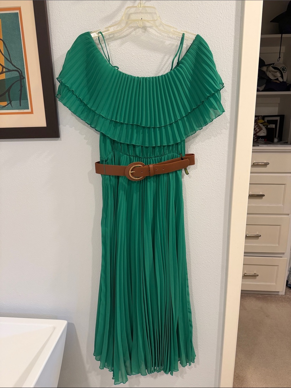 Zara Emerald Green Pleated Maxi Dress with Brown Belt